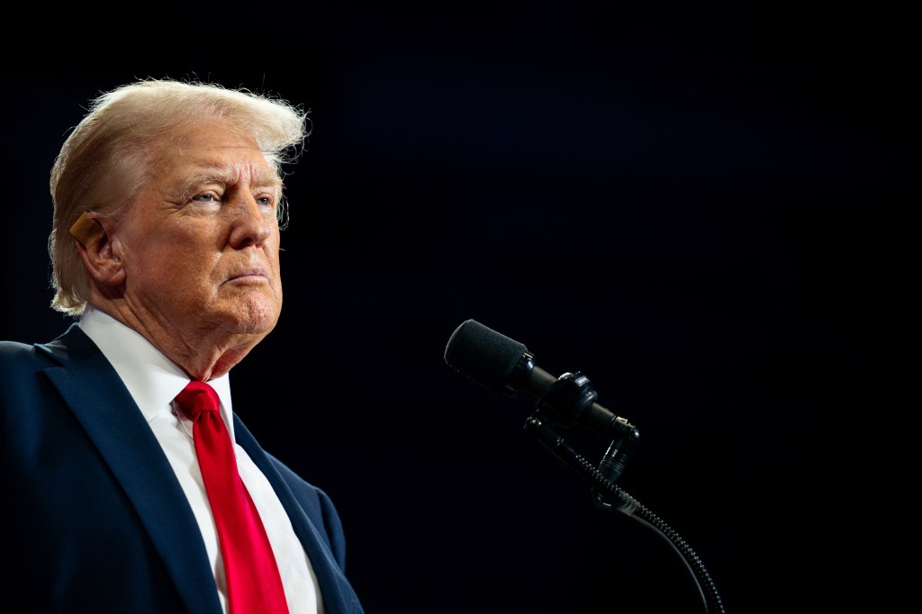 Former Republican presidential candidate Donald Trump speaks to attendees during his campaign rally at Bojangles Coliseum on July 24, 2024 in Charlotte, North Carolina.